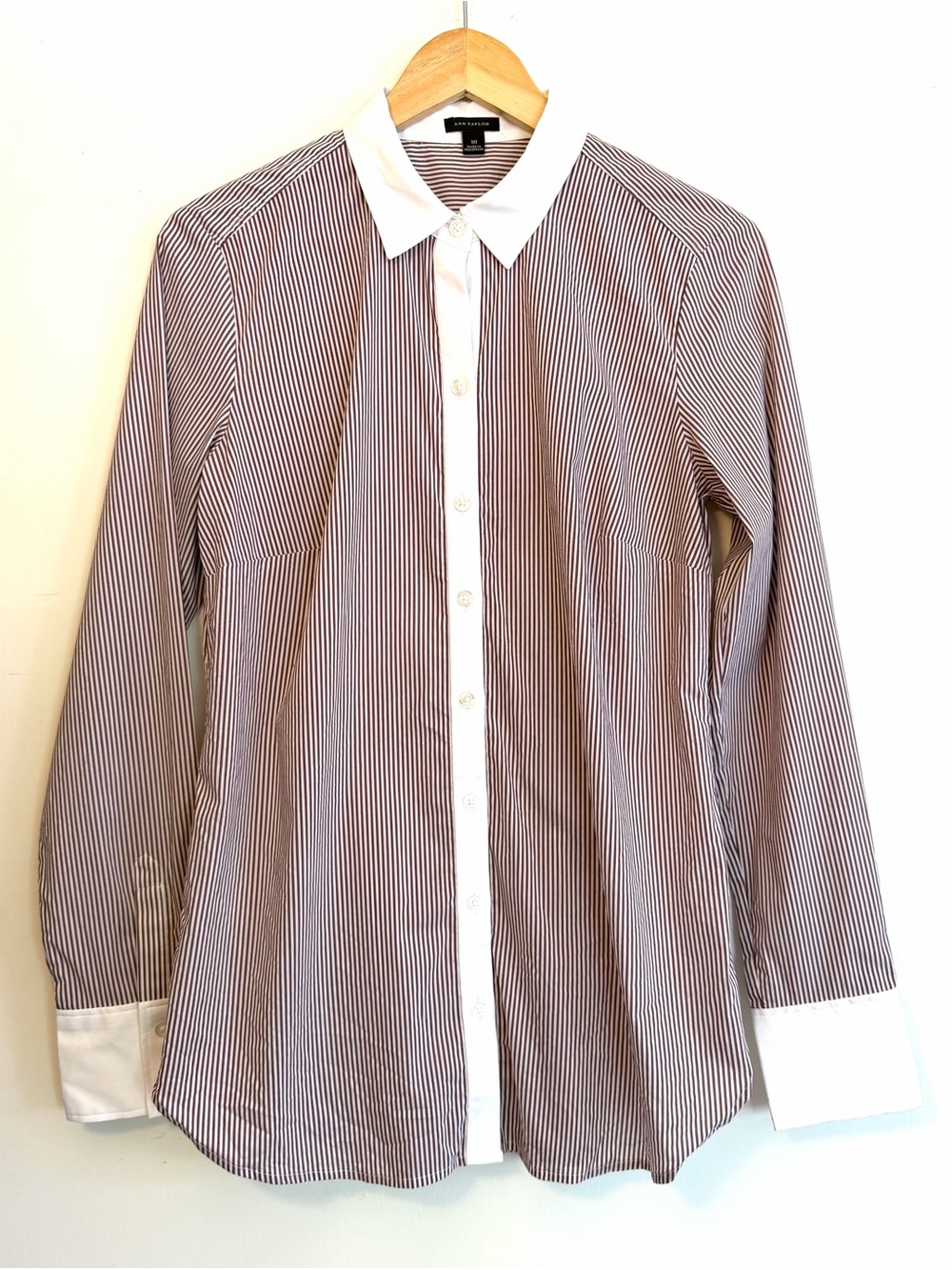 Ann Taylor Striped Button-Up Shirt with White Collar and Tuxedo Cuffs Sz 10